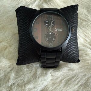 American Exchange Men’s Analog Black Metal Link Woodtone Dial Watch